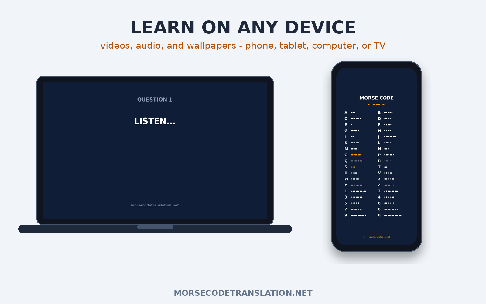 The quiz videos on a laptop and a Morse code cheat-sheet wallpaper on a phone